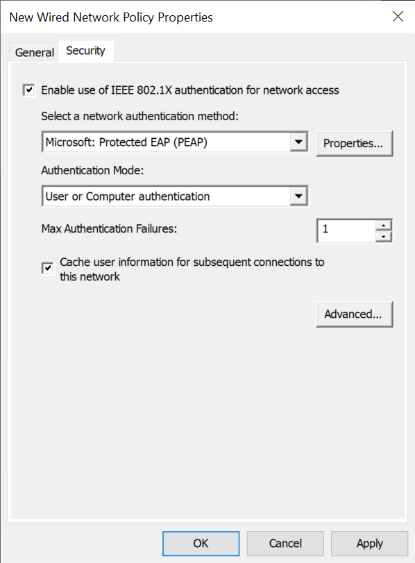 Screenshot: Registerkarte „Sicherheit“ des Dialogfelds „Eigenschaften des neuen Kabelnetzwerks“