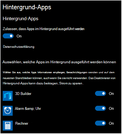 Einstellungsseite für Hintergrund-Apps.