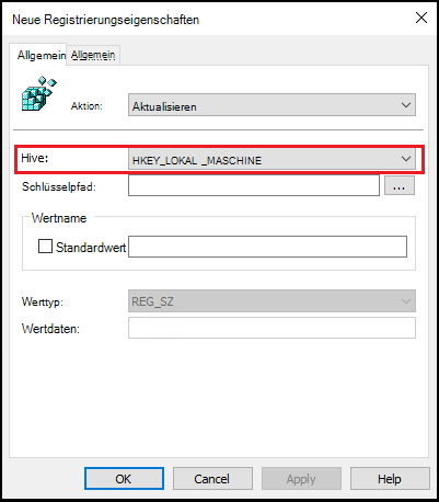 Screenshot des neuen Registrierungs-Eigenschaftenfenster mit hervorgehobenem Hive-Wert, der auf HKEY_LOCAL_MACHINE festgelegt ist.