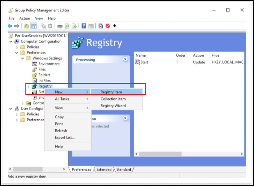 Screenshot des Gruppenrichtlinie Management Editor mit hervorgehobenem Kontextmenü in den Registrierungseinstellungen zum Erstellen eines neuen Registrierungselements.