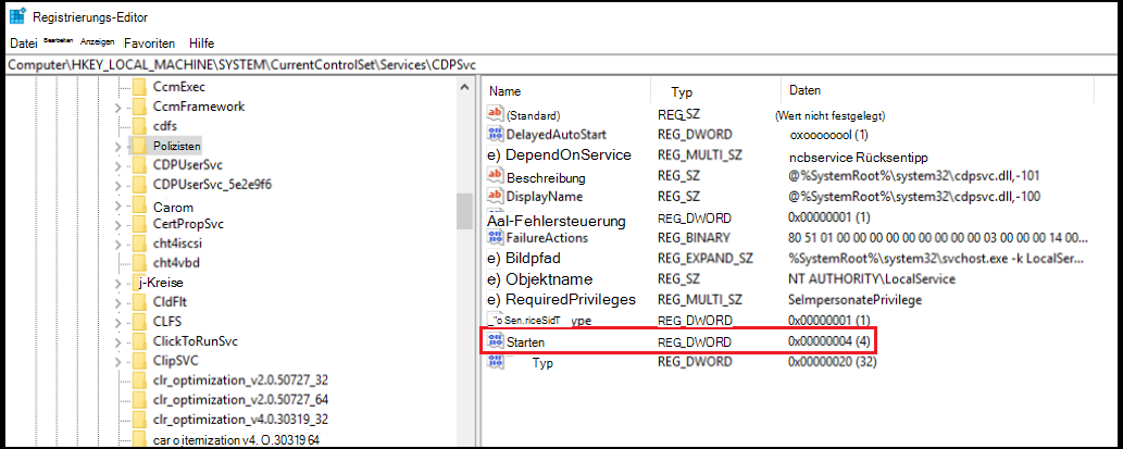 Screenshot: Registrierungs-Editor geöffnet HKEY_LOCAL_MACHINE\System\CurrentControlSet\Services\CDPSvc und hervorgehobener Startwert, der auf 4 festgelegt ist.