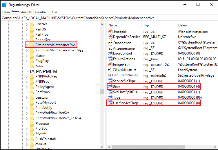 Screenshot: Registrierungs-Editor geöffnet, um HKEY_LOCAL_MACHINE\System\CurrentControlSet\Services\PimIndexMaintenanceSvc mit hervorgehobener UserServiceFlag-Einstellung auf 0 zu öffnen.