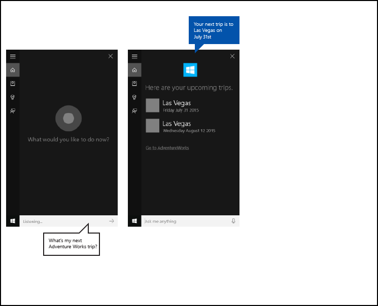 Screenshot der Cortana-Canvas zum Beenden des Cortana-Hintergrund-App-Flusses mithilfe von AdventureWorks anstehender Reise ohne Übergabe