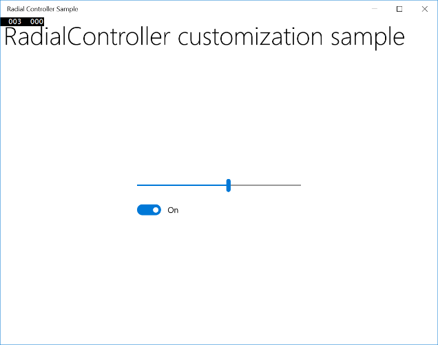 Screenshot des Radialcontrollerbeispiels mit dem horizontalen Schieberegler, der auf die Mitte festgelegt ist.