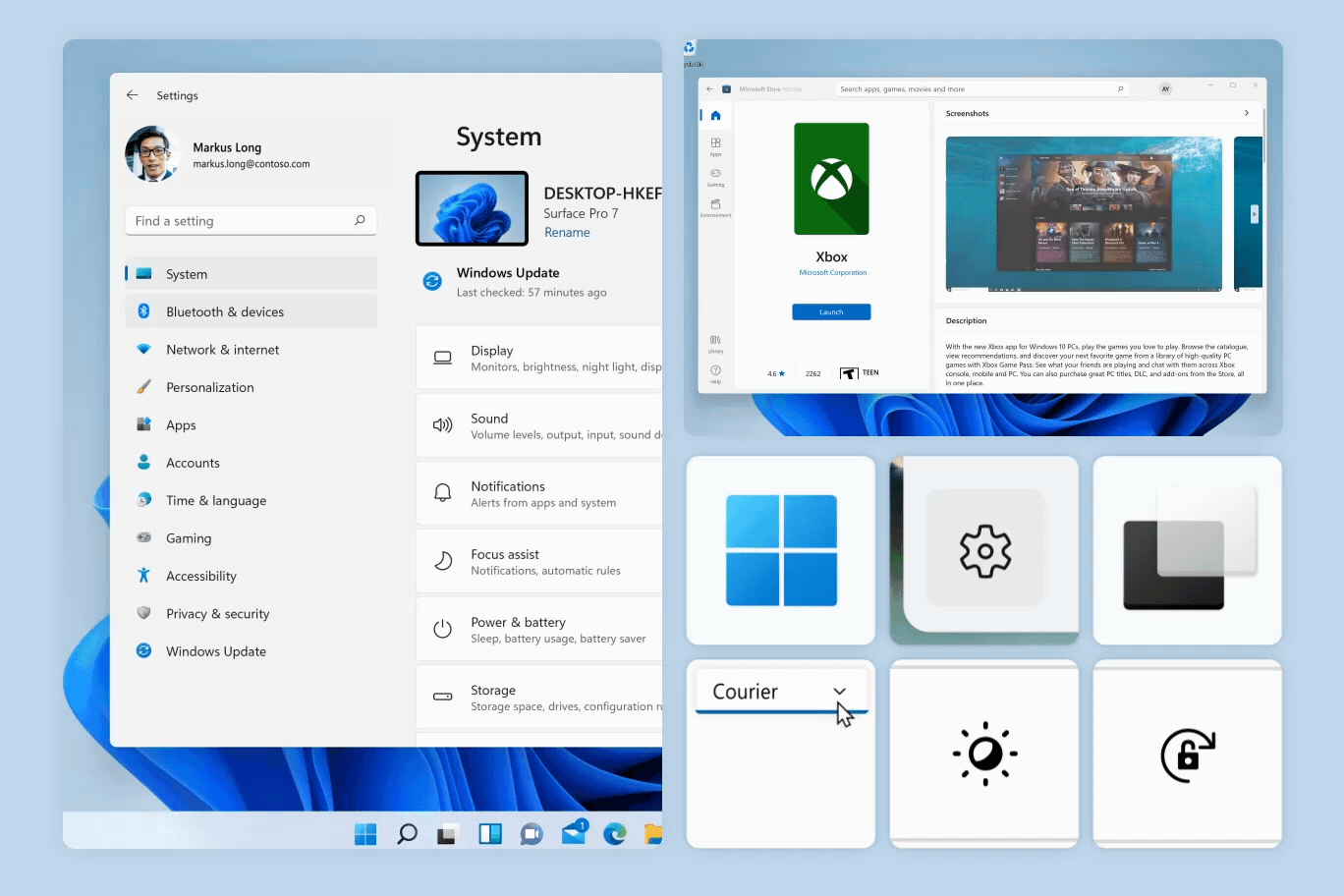 Ein animiertes Bild, das Beispiele für Seitenübergänge, verbundene Animationen und animierte Symbole auf der Windows-Benutzeroberfläche zeigt.