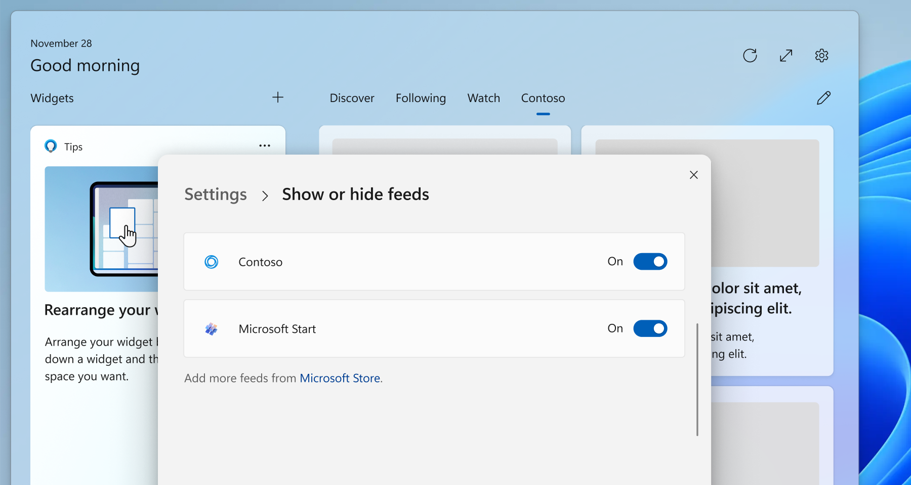 Screenshot des Windows Widgets-Boards, auf dem Feeds anzeigt werden.