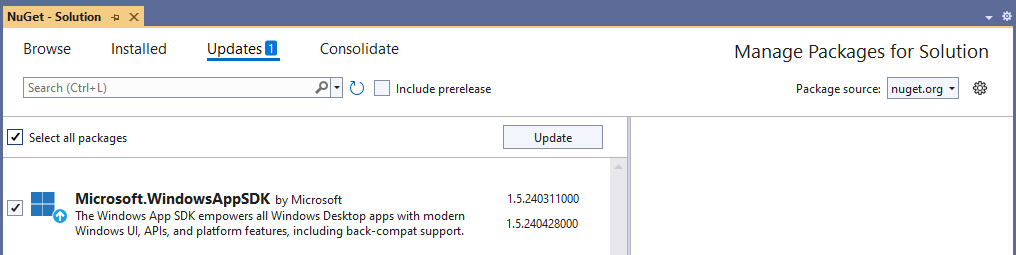 Ein Screenshot des NuGet-Paketmanagers in Visual Studio zeigt eine Aktualisierung des Windows App SDK-Pakets.