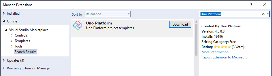 Screenshot: Fenster „Erweiterungen verwalten“ in Visual Studio mit der Erweiterung „Uno Platform“ als Suchergebnis