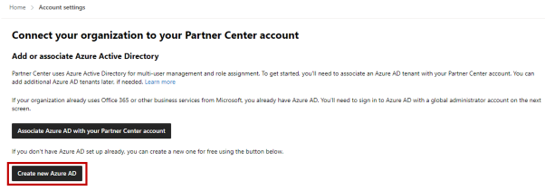 Screenshot mit option to Create new Azure AD from the Partner Center Tenants settings.