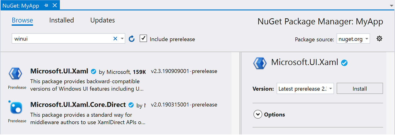 Screenshot des Dialogfelds „NuGet-Paket-Manager“ mit der Registerkarte „Durchsuchen“, „winui“ im Suchfeld und aktivierter Option „Vorabversion einschließen“.