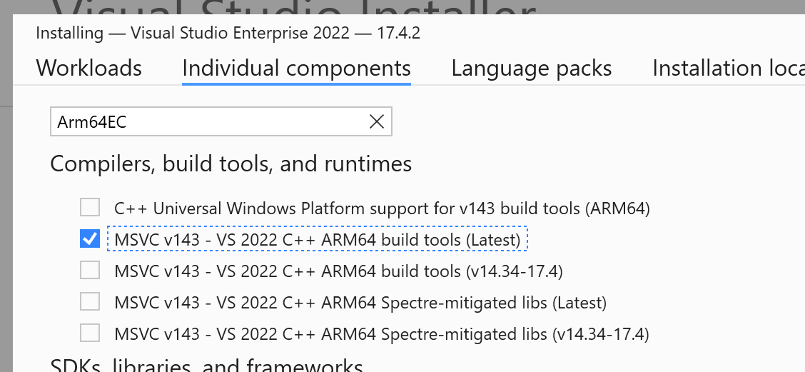 Screenshot des Visual Studio-Installer Arm64EC-Kontrollkästchens