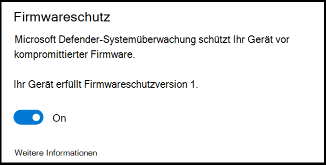 Die Defender Firmware-Schutzeinstellung mit einer Beschreibung von System Guard schützt Ihr Gerät vor kompromittierter Firmware. Die Einstellung ist auf Aus festgelegt.