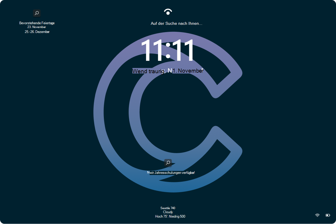 Screenshot des Windows 11 Sperrbildschirms mit aktiviertem Windows-Blickpunkt über einem organization Hintergrundbild