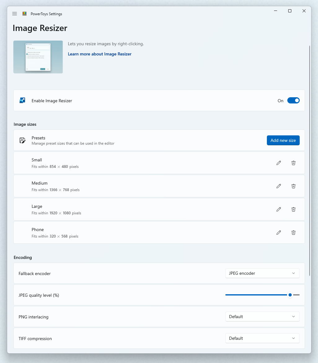 PowerToysImage Resizer Einstellungen