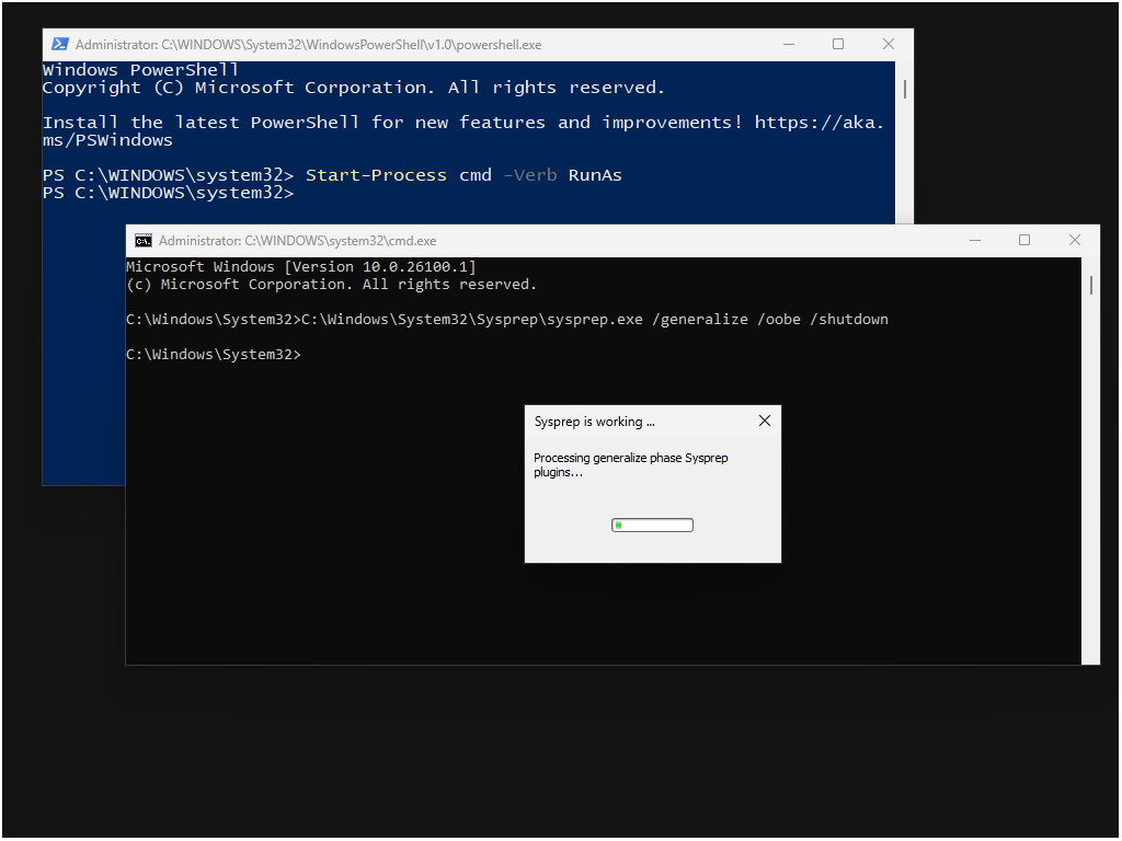 Screenshot des Sysprep-Befehls mit PowerShell als Standardsystemshell