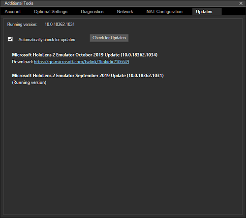 Registerkarte „Updates“ des HoloLens-Emulators