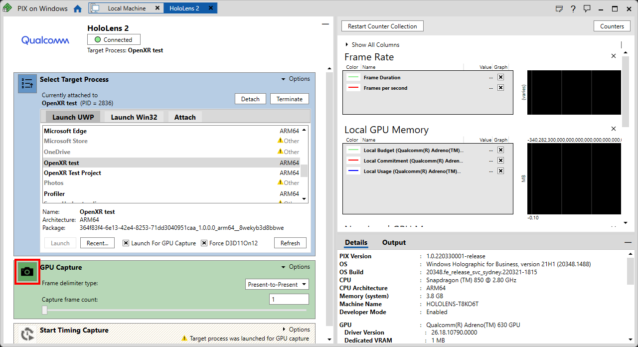 Screenshot der PIX-Anwendung mit geöffneter PC-Verbindungsleiste mit hervorgehobener GPU-Aufnahme