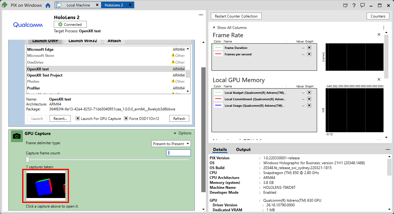 Screenshot der PIX-Anwendung mit geöffneter GPU-Aufnahmeabschnitt mit hervorgehobener GPU-Aufnahmebereich