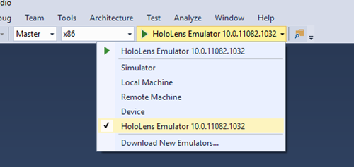 HoloLens-Emulator in der Zielliste der Bereitstellung