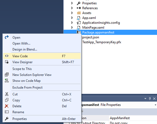 package.appxmanifest in Projektmappen-Explorer