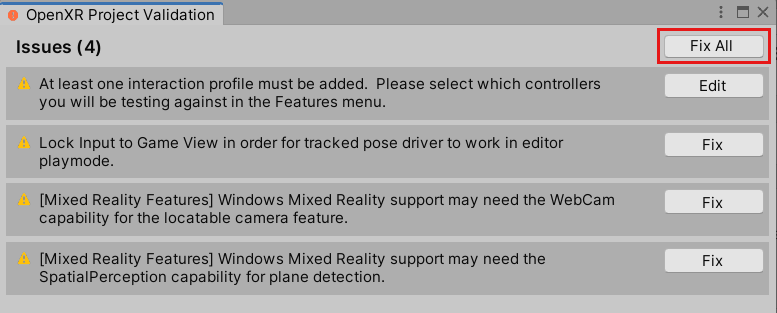 Screenshot der Schaltfläche „Alle reparieren“ im Fenster „OpenXR Project Validation“ (OpenXR-Projektprüfung)