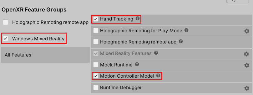 Screenshot der OpenXR-Featuregruppen für die Registerkarte 