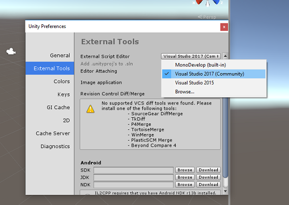 Screenshot, der zeigt, dass Visual Studio als externer Skript-Editor eingerichtet ist.