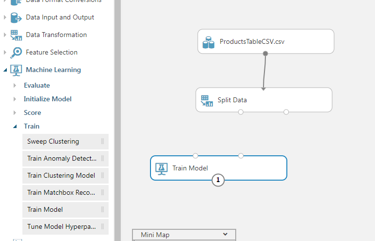 Screenshot des Experiment Canvas, der eine Verbindung zwischen Products Table C S V dot c s v und Split Data zeigt, mit train model below.