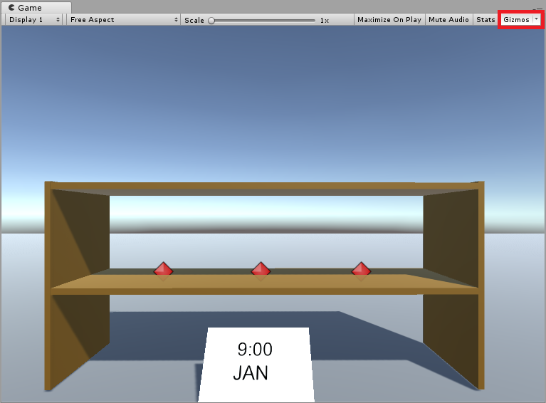 Screenshot des Unity-Szenenfensters, in dem das hervorgehobene Gizmos-Menüelement in der oberen Navigation angezeigt wird.