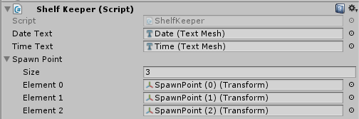 Screenshot der Shelf Keeper-Klasse, die zeigt, dass die Referenzziele auf Datumstextgitter und Zeittextgitter festgelegt sind.