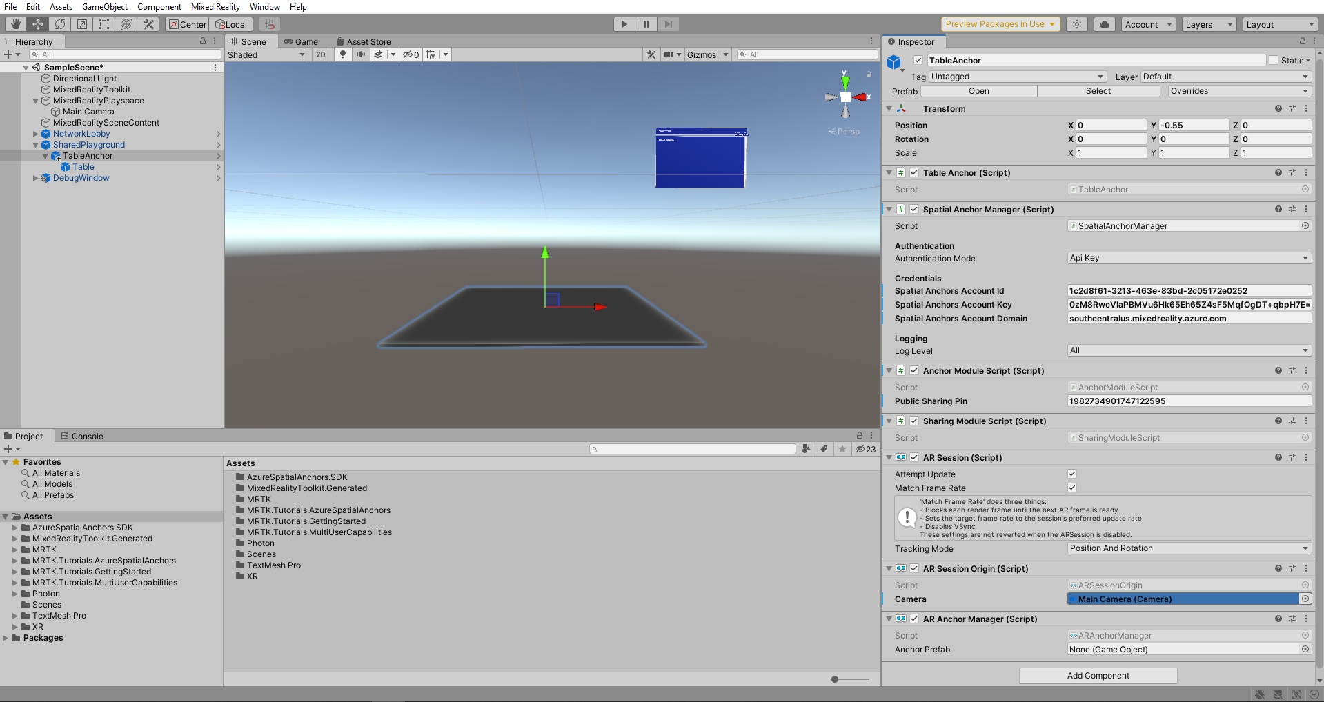 Unity mit konfigurierter Zuweisung für die AR-Sitzungsursprung-Hauptkamera