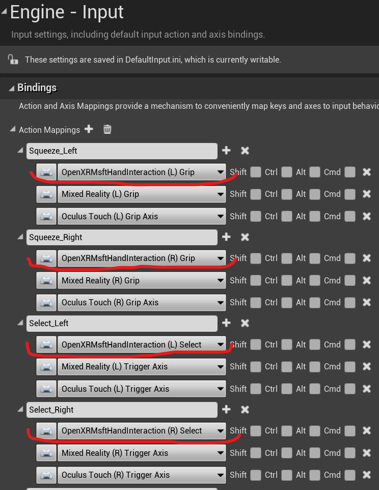 Screenshot der OpenXR-Aktionszuordnungen