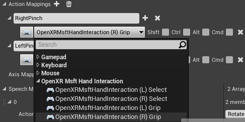 Aktionszuordnungen mit hervorgehobenen Optionen für die OpenXR MSFT-Handinteraktion.