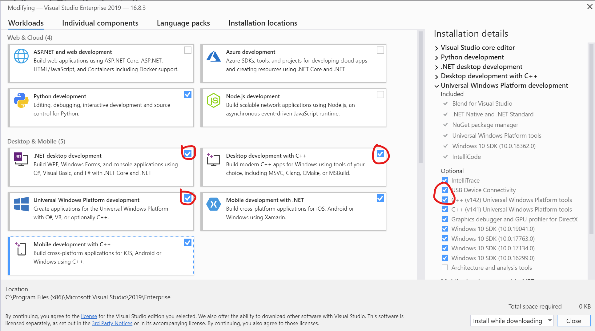 Wichtige Optionen im VS-Installationsprogramm