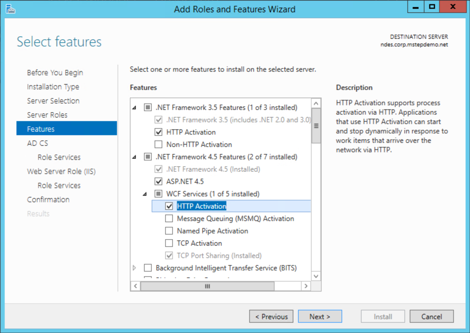 Server-Manager FEATURE-HTTP-Aktivierung.