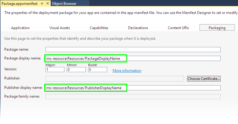 Screenshot des Visual Studio-Manifest-Designers mit der Registerkarte 