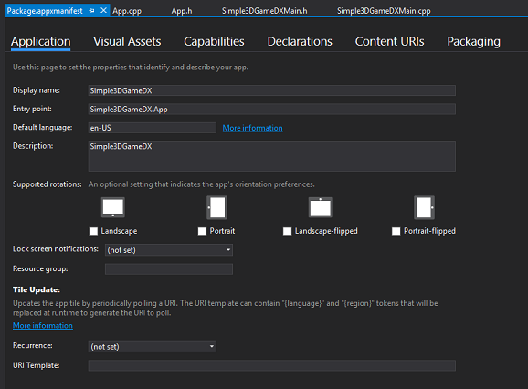 Screenshot des package.appx Manifest-Editors.