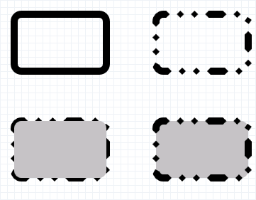 Abbildung von vier gerundeten Rechtecken mit unterschiedlichen Strichstilen und Füllungen