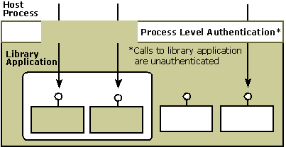 Diagramm: Aufrufe einer Bibliotheksanwendung, die innerhalb des Hostprozesses nicht authentifiziert sind.