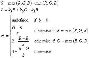 Mathematische Formel, die die Transformation von RGB-Farbe in HSL-Farbe beschreibt.