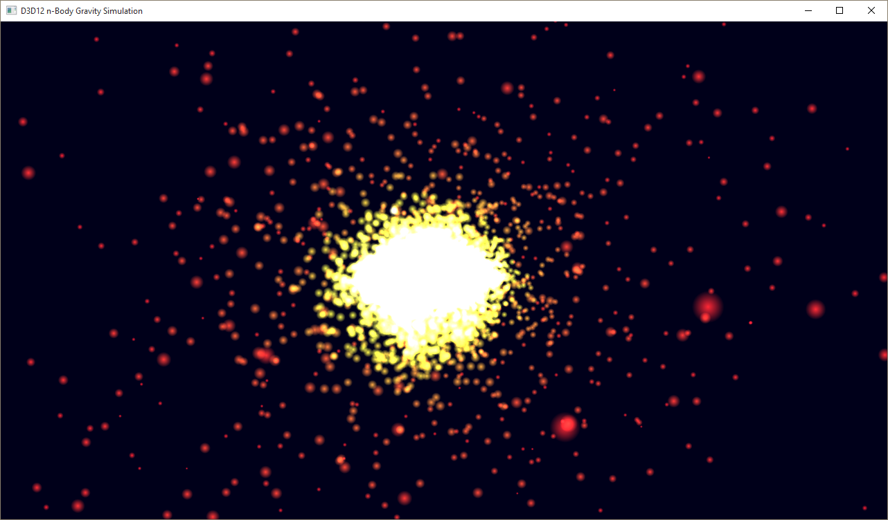 Screenshot der endgültigen n Körper-Schwerkraftsimulation