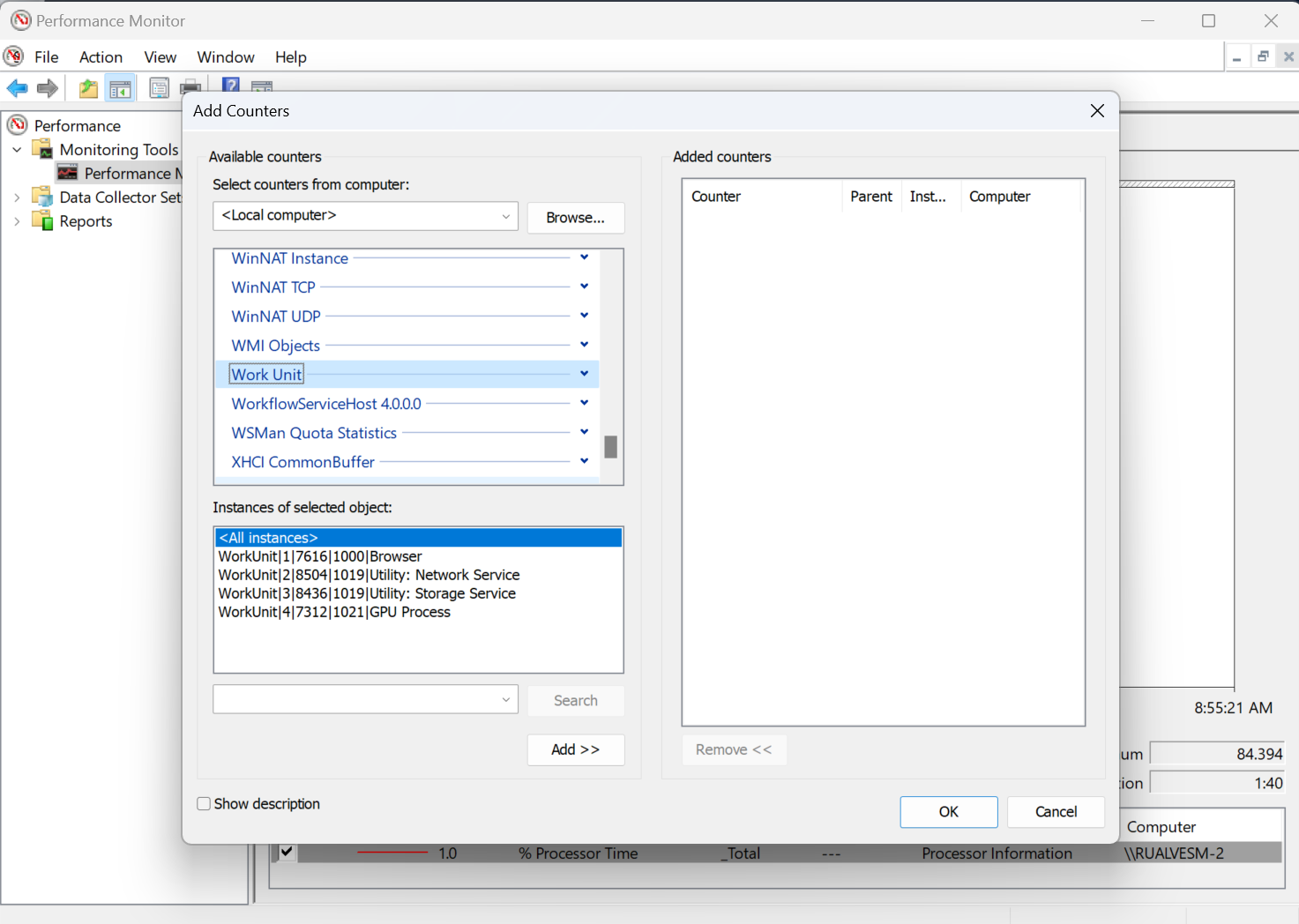 Ui-Screenshot des Fensters Zähler hinzufügen. Arbeitseinheit ist im Fenster als hinzuzufügende Zähler hervorgehoben.