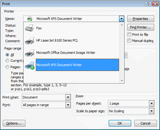 Abbildung des Dialogfelds „Drucken“, in dem die Auswahl des Microsoft XPS-Dokument-Generators ( Microsoft XPS Document Writer) angezeigt wird.