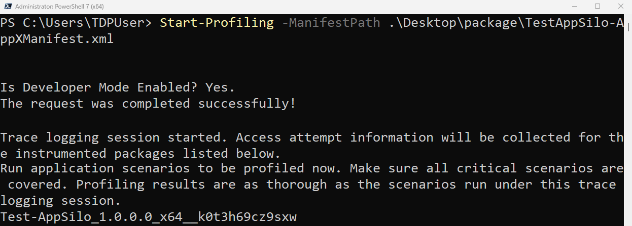 Screenshot eines PowerShell-Befehlsfensters, das das Start-Profiling-Cmdlet ausführt