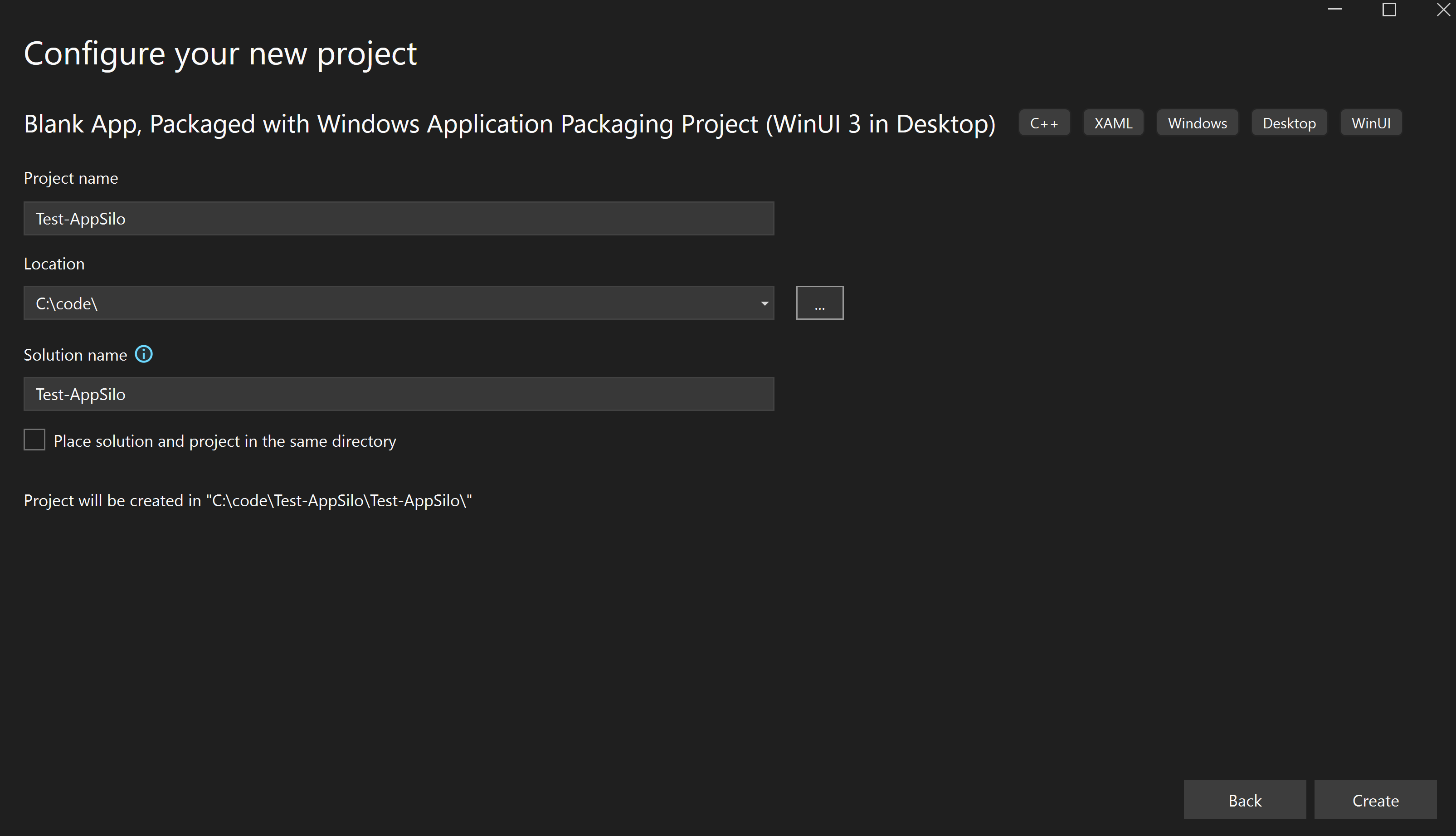 Screenshot: Bildschirm „Neues Projekt“ in Visual Studio