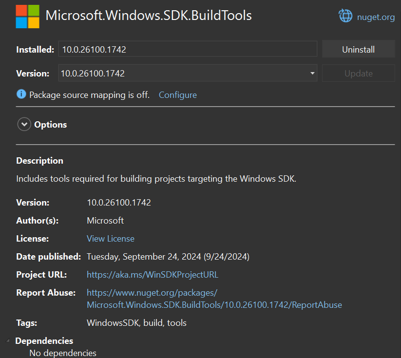 Screenshot mit den Informationen für das Paket „Buildtools“ auf dem NuGet-Bildschirm in Visual Studio