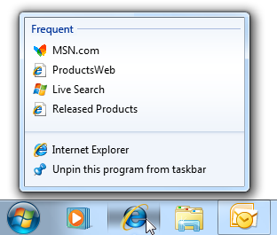 Screenshot der Taskleiste mit Internet Explorer-Sprungliste 