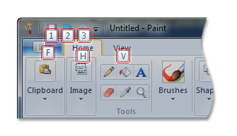 Keytips der ersten Ebene in Microsoft Paint für Windows 7