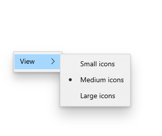 Drei Menü-Flyoutelemente in einer Ansichtsliste, mit der ein Benutzer die Größe von Symbolen auswählen kann