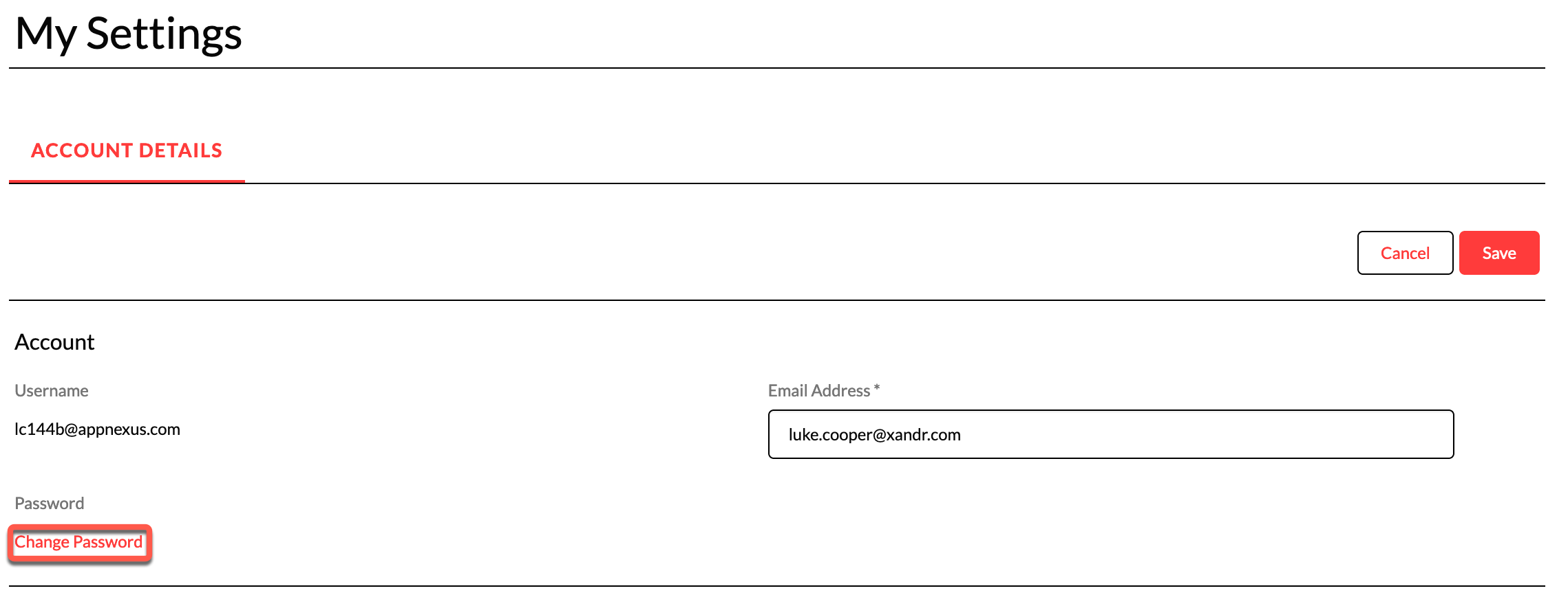 Screenshot that displays My Settings screen in which you can change your password.